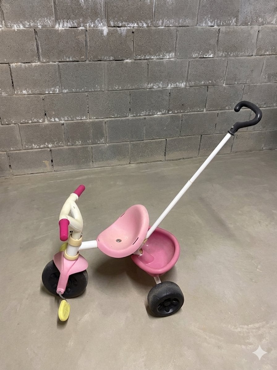 roze Smoby driewieler met duwstang, Enlèvement, Utilisé, Tige de poussée