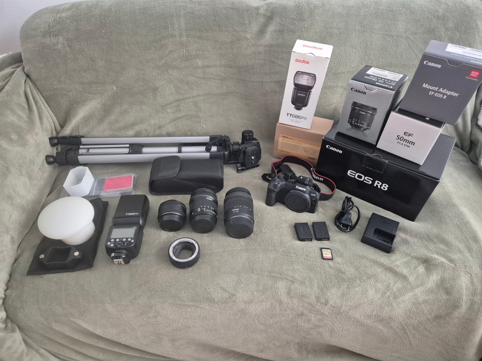 Canon EOS R8 - 3 lenzen - Godox Flitser - Light diffuser, Ophalen, Canon