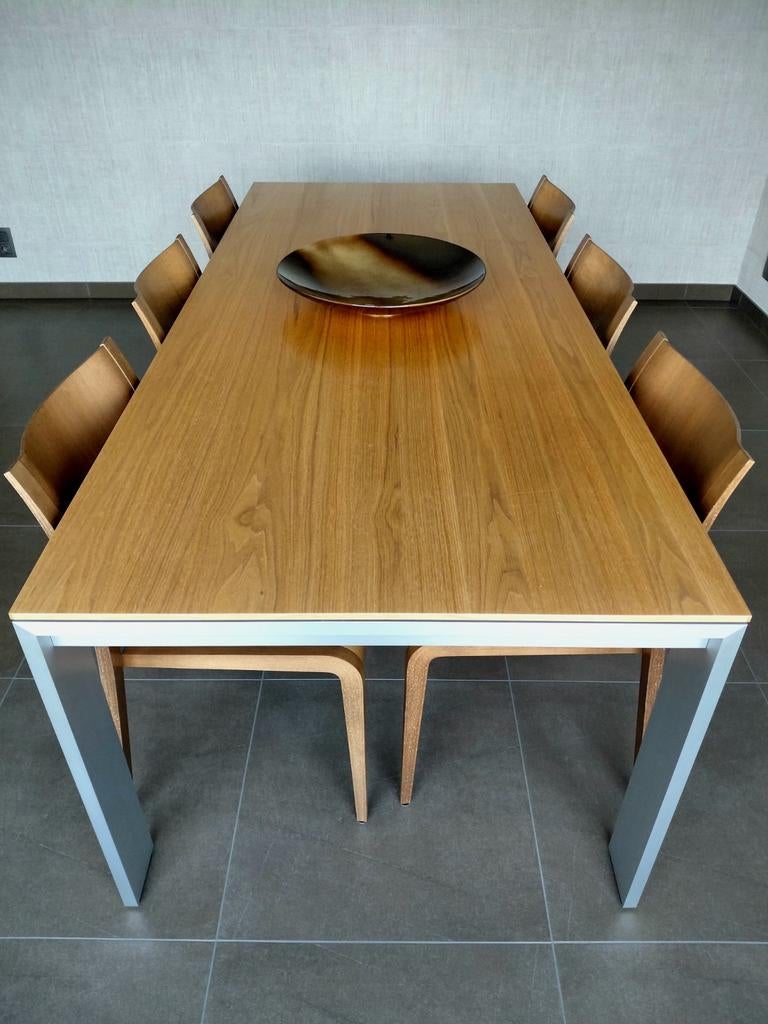 Eettafel Hulsta met 6 stoelen in notenhout - 2,20m lengte, Ophalen, Gebruikt, 100 tot 150 cm, 200 cm of meer