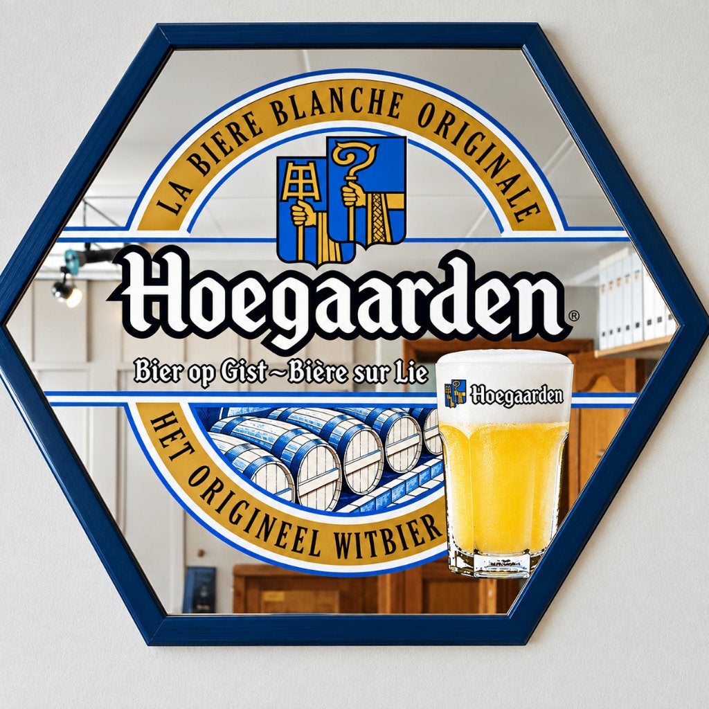 Spiegel met bierlogo Hoegaarden, Ophalen, Zo goed als nieuw, Minder dan 100 cm, Overige vormen