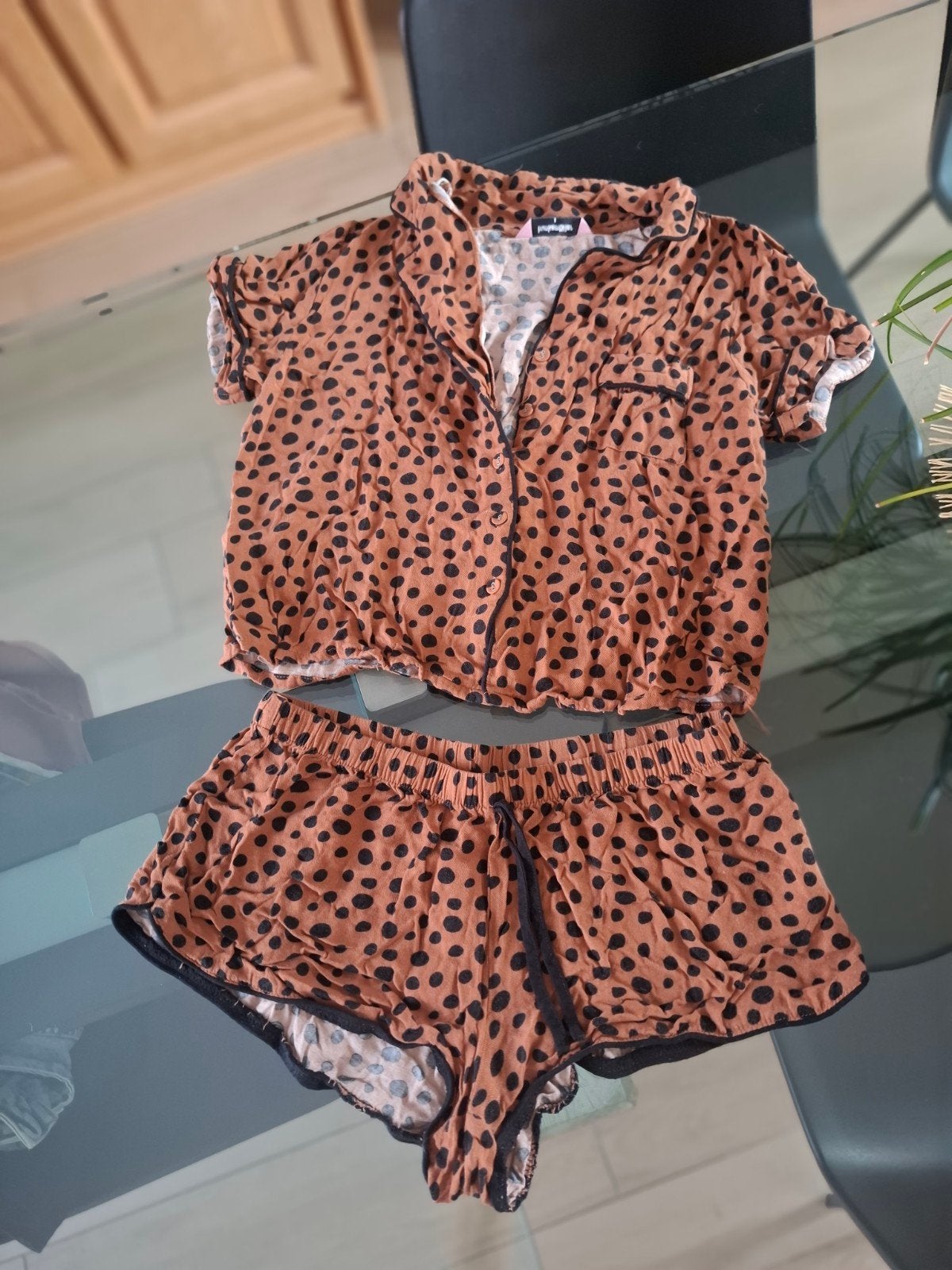 Hunkemöller pyjamashorts bruin zwarte stippen S 36, HUNKEMOLLER, Zo goed als nieuw, Maat 36 (S)