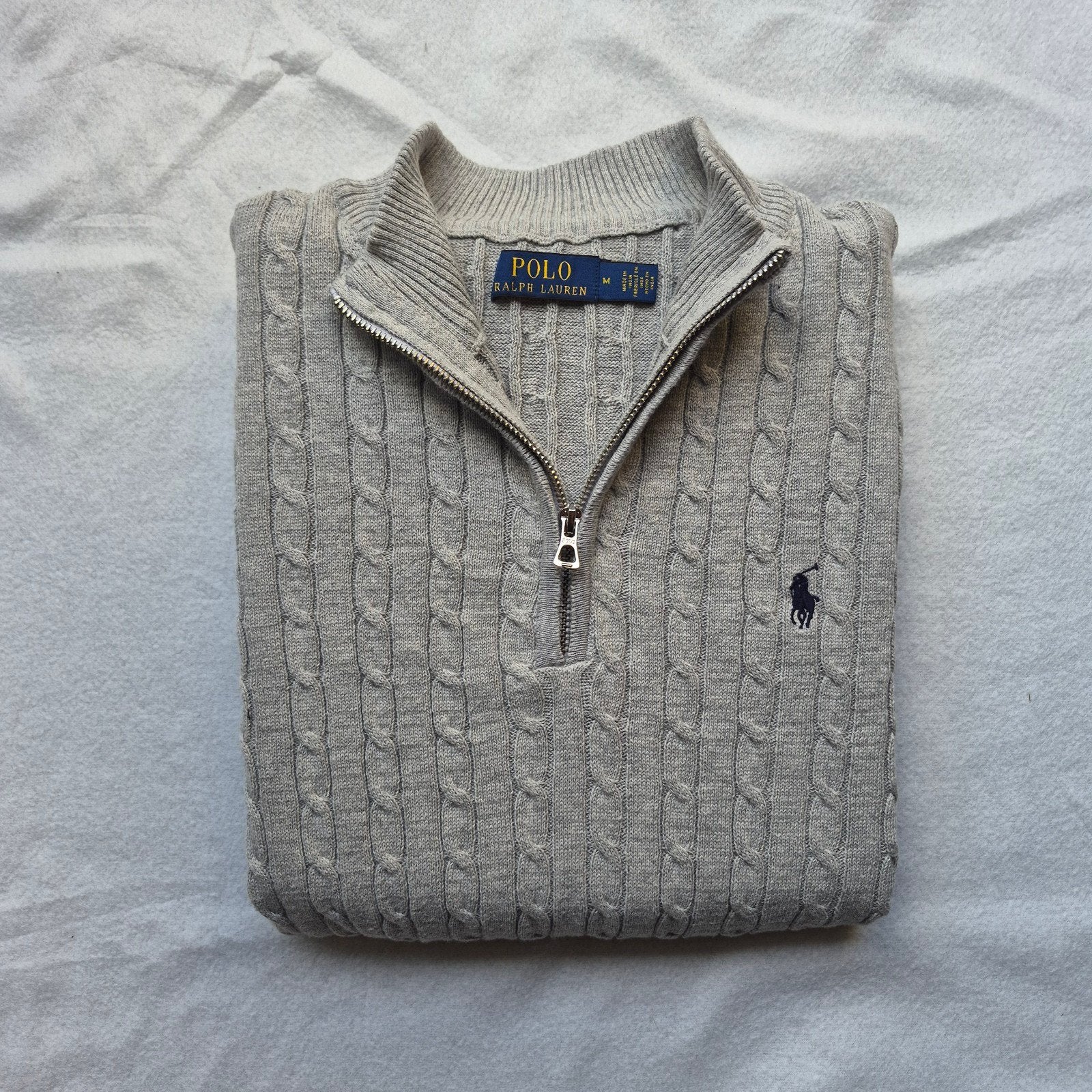 Pull torsadé à demi-fermeture éclair Polo Ralph Lauren gris, Gris, Enlèvement ou Envoi, Comme neuf, Polo Ralph Lauren