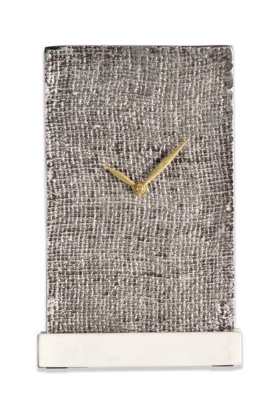 Nieuwe tafelklok zilver op wit marmeren voet - desk clock, Grijs, Analoog, Nieuw, Ophalen of Verzenden