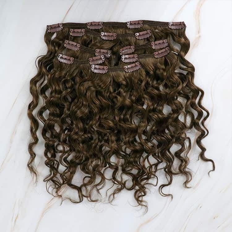 100% REMY HUMAN HAIR - bruin&zwart - CLIP INS - KURLY CURL, Verzenden, Nieuw, Pruik of Haarverlenging