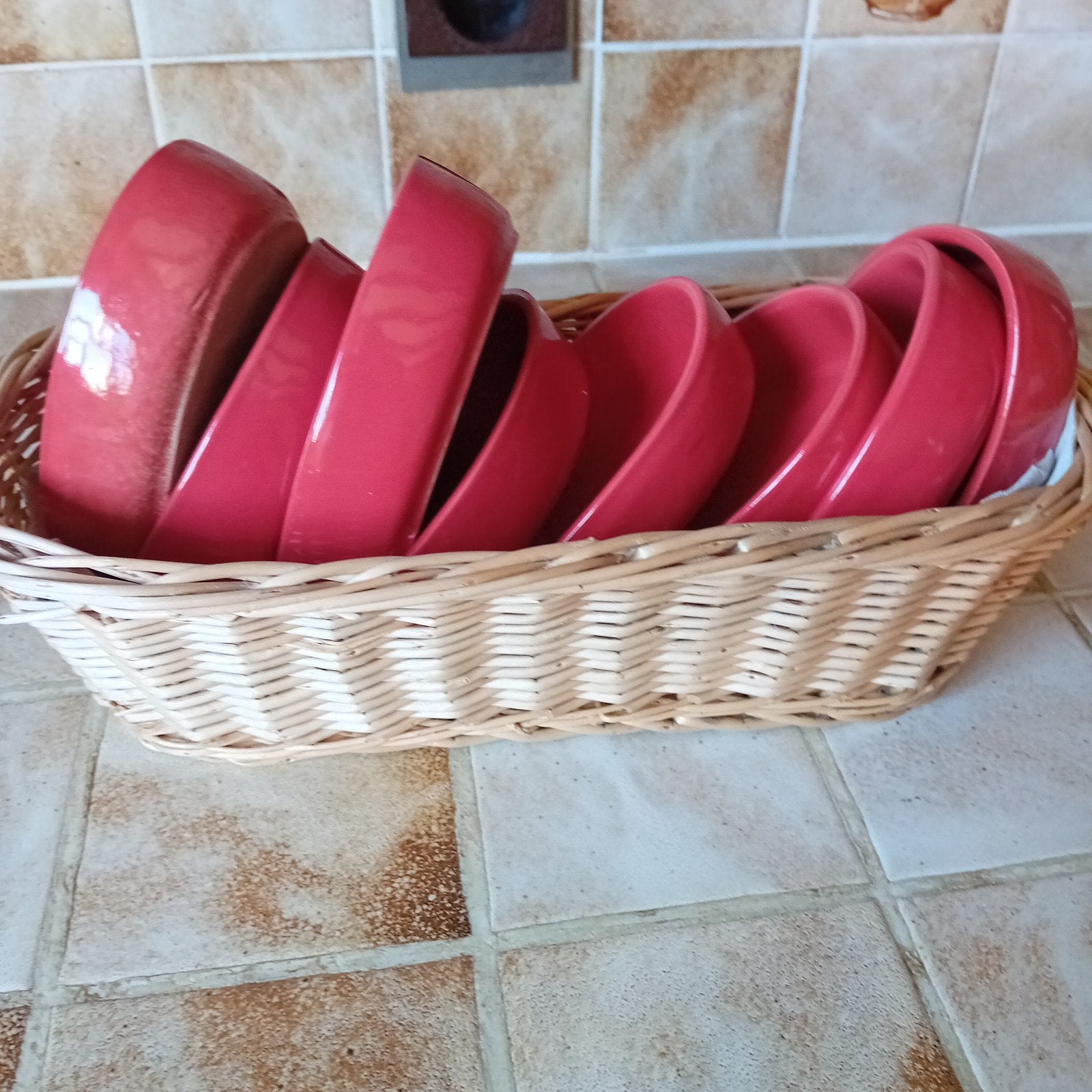 8 kleine ovalen vuurvaste schoteltje, Ophalen, Rood, Schaal