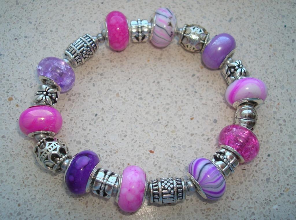 Armband met bedels in paars-roze PSE091 - maat naar wens, Verzenden, Paars, Met bedels of kralen