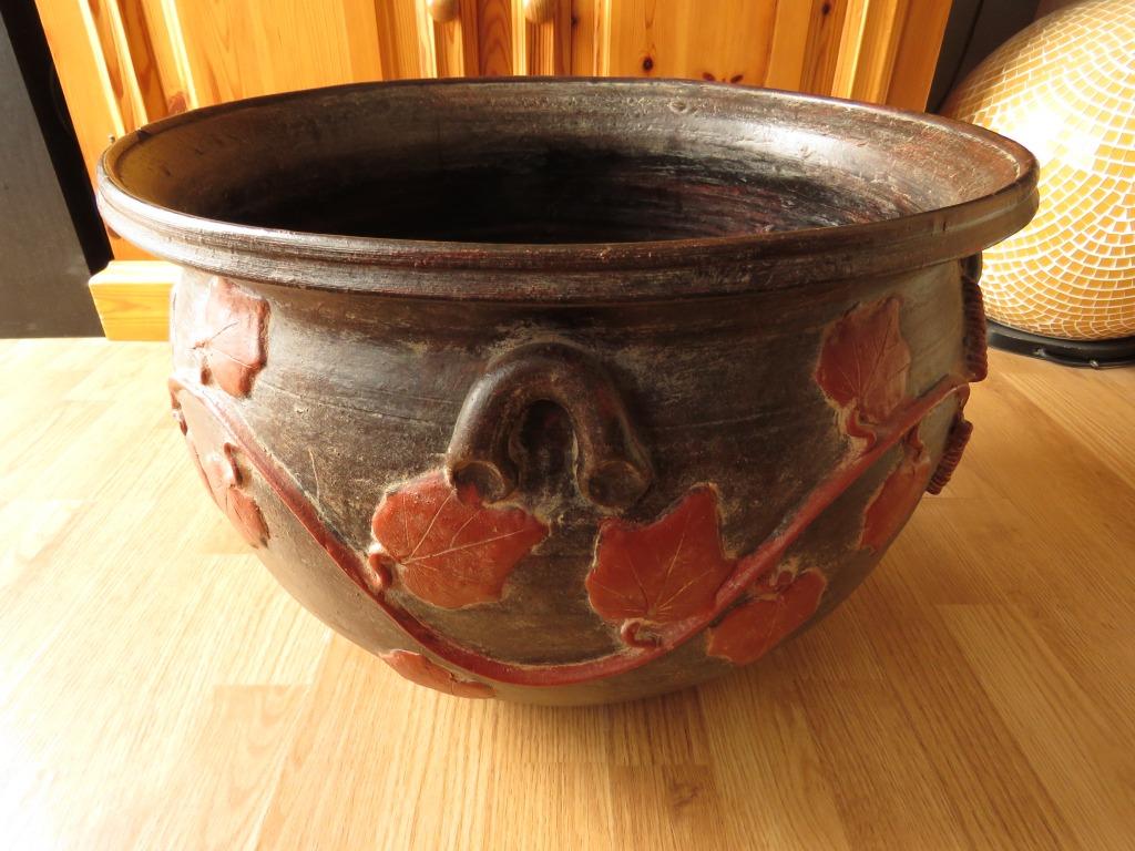 grande jardinière en terre cuite émaillée motifs lierre 47cm, Jardin & Terrasse, Rond, 30 à 60 cm, Enlèvement, Utilisé