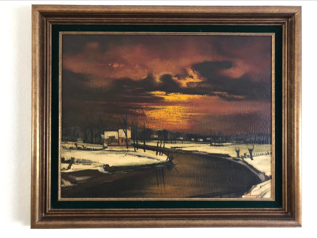 Groot schilderij ‘Aan de Leie’, Willy Verbrugge - gesigneerd, Ophalen