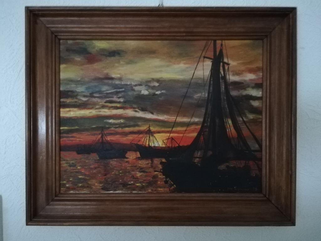 Schilderij van boten bij zonsondergang., Antiek en Kunst, Ophalen of Verzenden