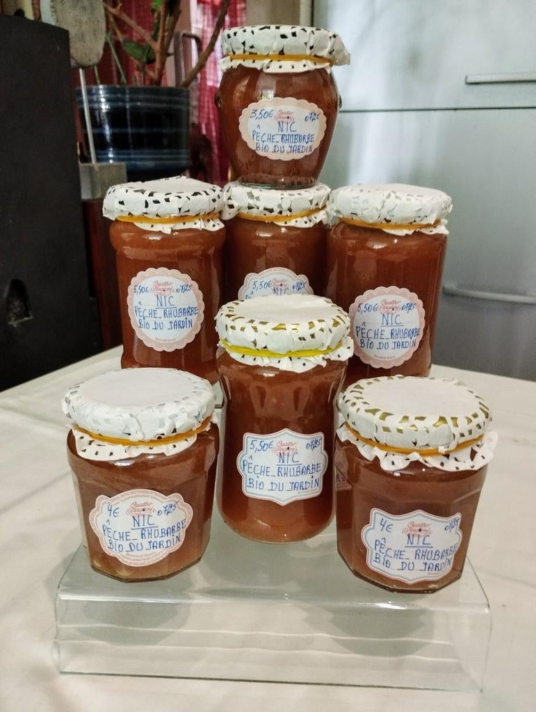 Confiture MAISON ARTISANALE à la PÊCHE/RHUBARBE BIO DU JARDI, Enlèvement
