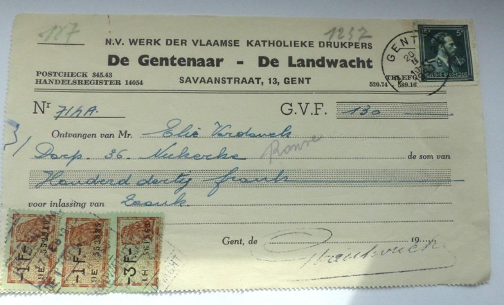 kwijtingsbon met fiscale zegels De Gentenaar - De Landwacht, Ophalen of Verzenden, Overige typen