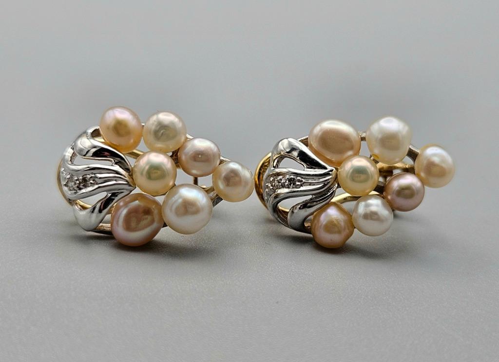 Gouden antieke bi-color oorbellen parel en diamant. 2025/84, Handtassen en Accessoires, Antieke sieraden, Ophalen of Verzenden