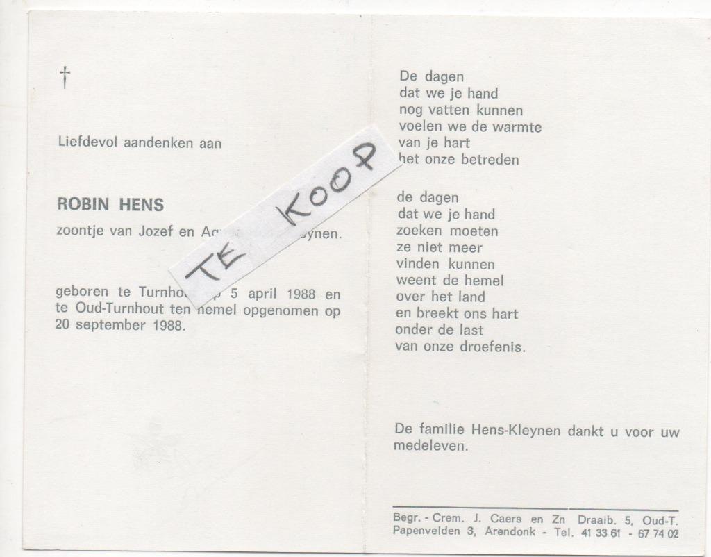 overleden kind robin hens, Verzamelen, Bidprentjes en Rouwkaarten, Verzenden, Bidprentje