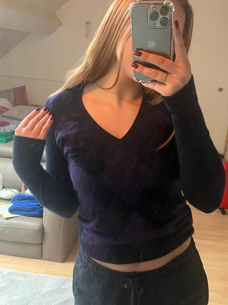 Pull col V Burberry à losanges noir/violet - XS, Ophalen of Verzenden, Gedragen, Zwart