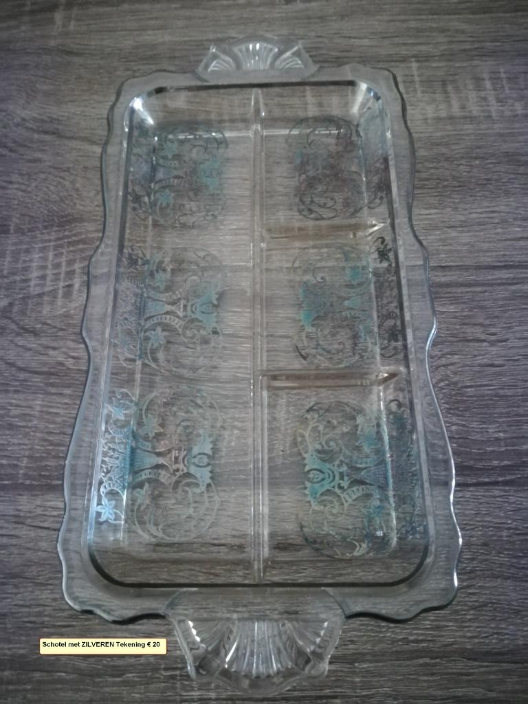 Glazen schotel met ZILVEREN tekening, Ophalen