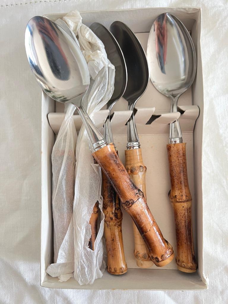 Boîte de 6 cuillères à soupe avec manche en bambou, Aucun, Vintage, Nieuw, Ophalen of Verzenden
