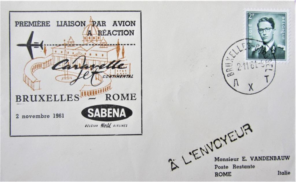 FDC SABENA- BRUSSEL- ROME 1961, Enlèvement ou Envoi, Affranchi, Avions