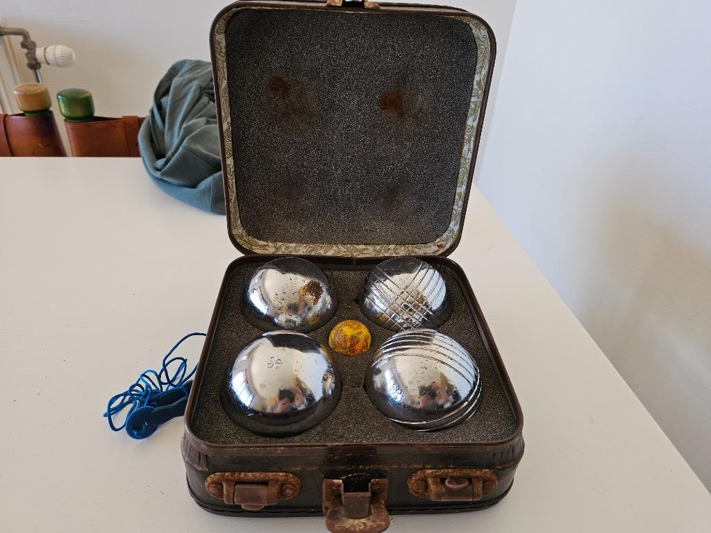 Oude jeu de boules petanque In koffertje handvat is geplakt, Antiek en Kunst, Ophalen of Verzenden