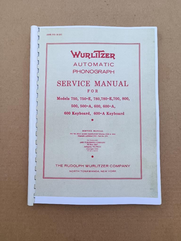 Service Manual: Wurlitzer 500/800 (1938) jukebox Nieuw !!!, Envoi, Wurlitzer