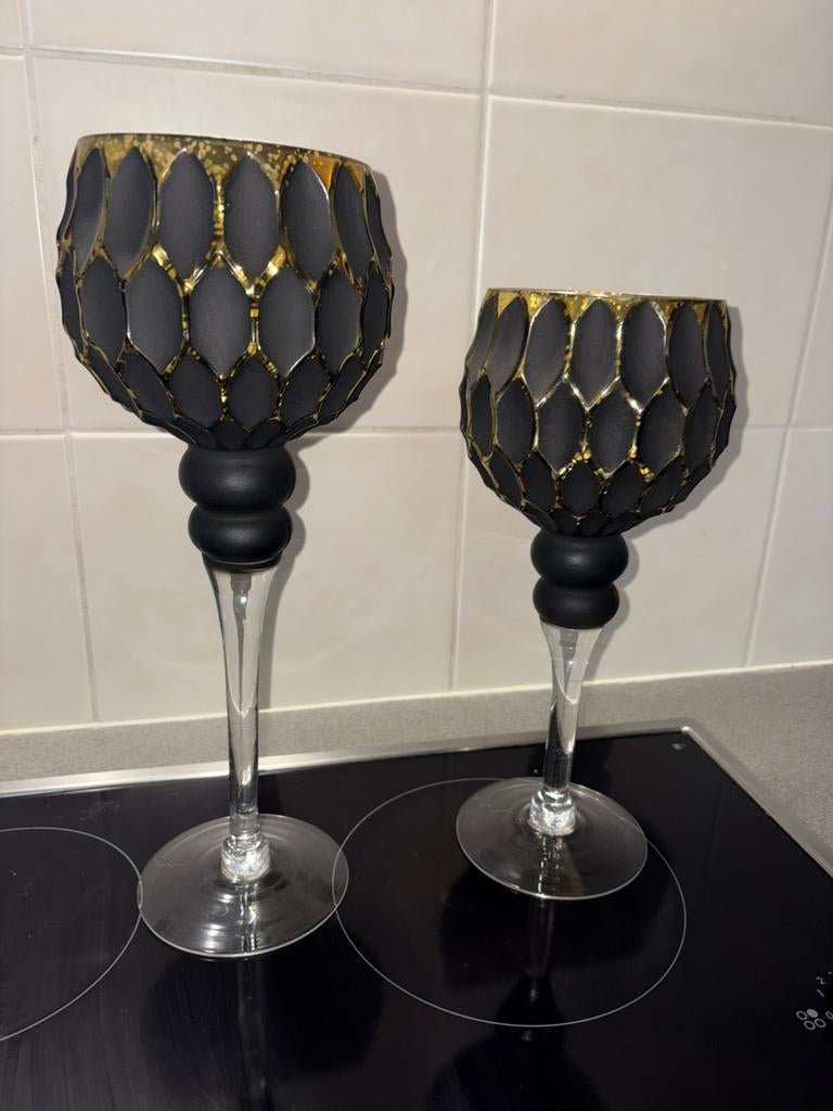 2 glazen kelken - kandelaars, Huis en Inrichting, Woonaccessoires | Kandelaars en Kaarsen, Ophalen, Zo goed als nieuw, Bruin, Goud