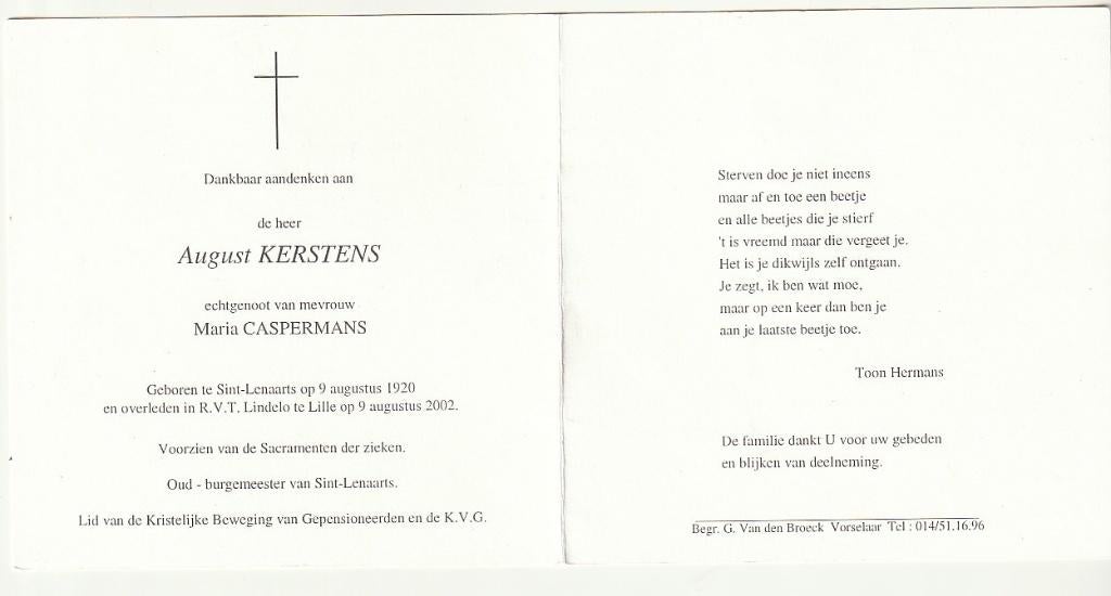 A. KERSTENS Caspermans Sint-Lenaarts Lille 2002 Burgemeester, Verzenden, Bidprentje