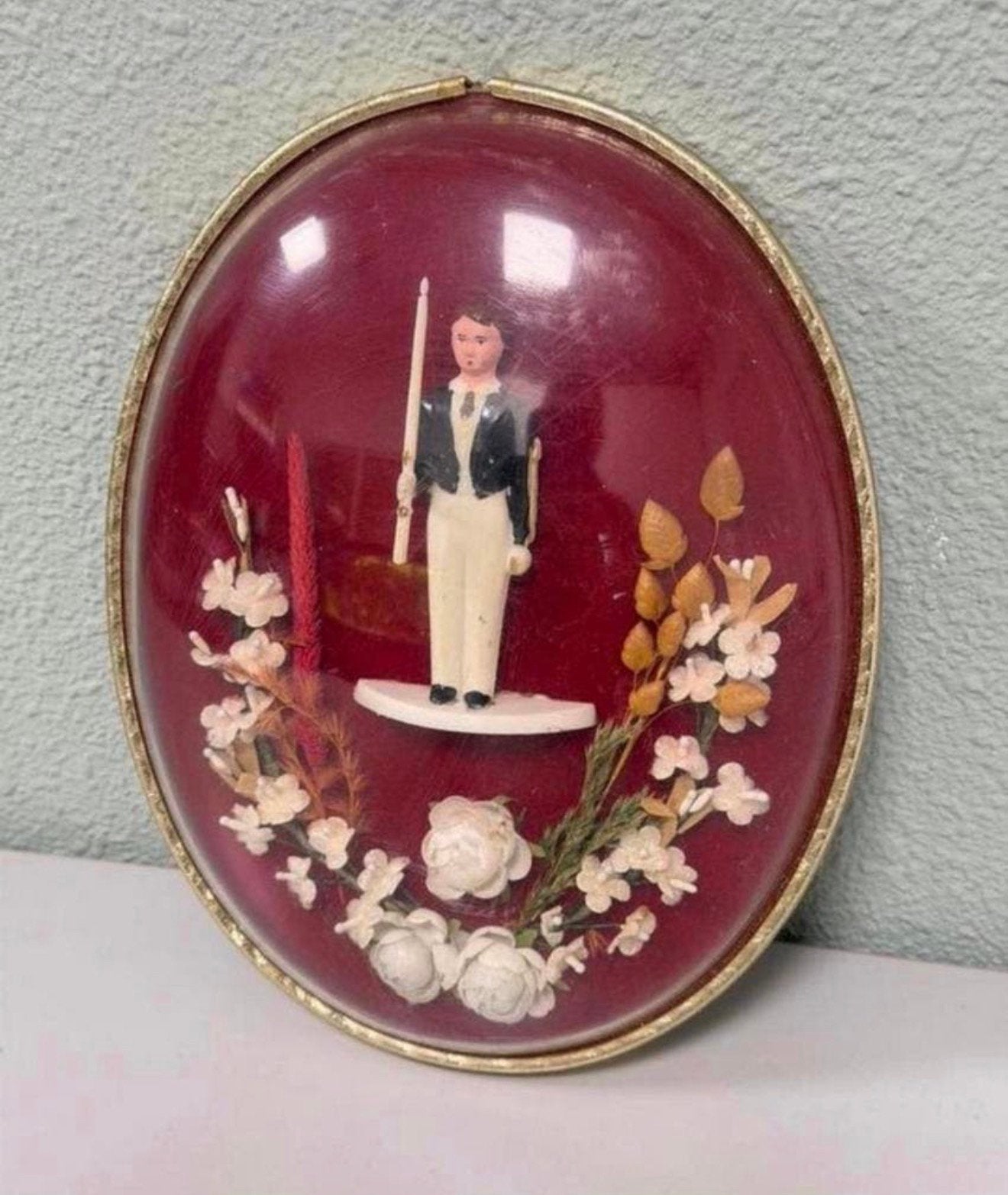 Antieke ronde stolp ovaal handgemaakt poppetje bloemen 1900, Ophalen of Verzenden