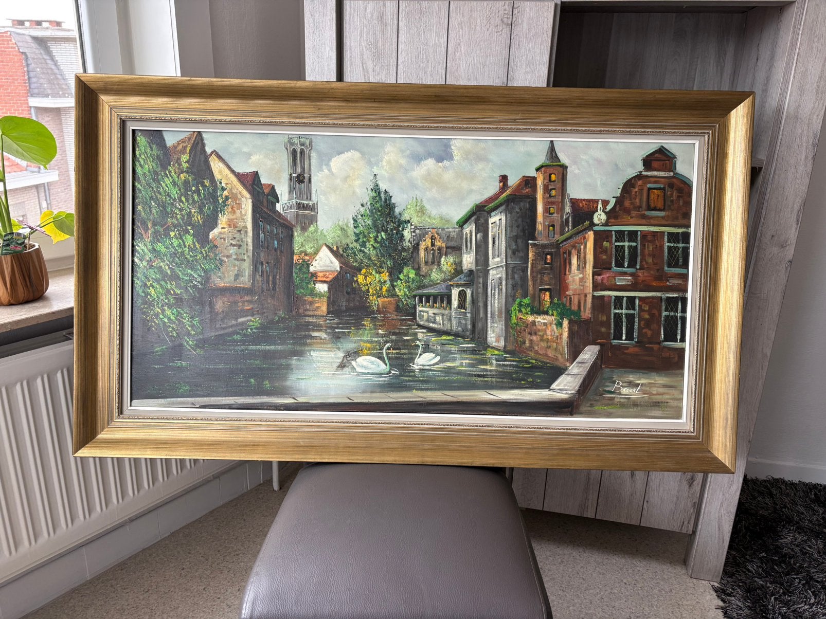 Schilderij van Brugge, Antiek en Kunst, Ophalen, Gesigneerd
