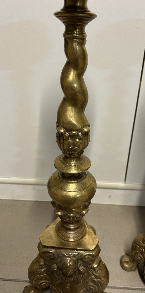 2 Vintage Geel Koperen Kandelaars - 55cm, Antiek en Kunst, Ophalen of Verzenden, Koper of Brons