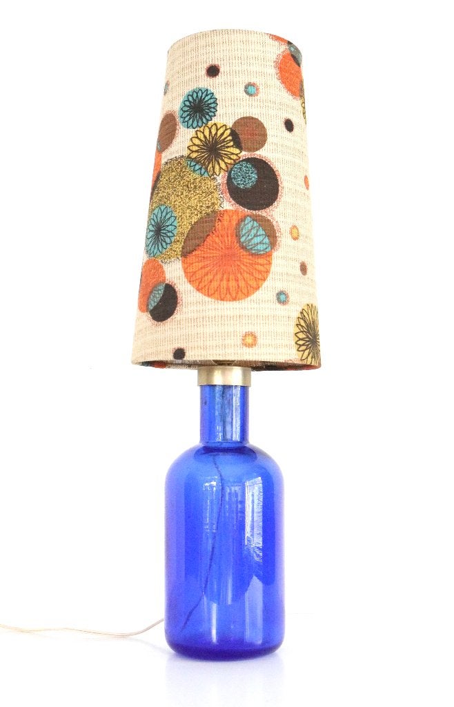 Blue Glass Lamp with Original Floral Shade Vintage 1960, Ophalen
