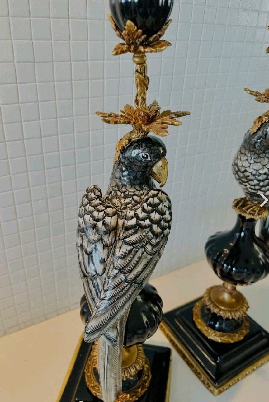 2 vogel kandelaren gemaakt van porselein en brons antiek, Antiek en Kunst, Ophalen of Verzenden, Goud