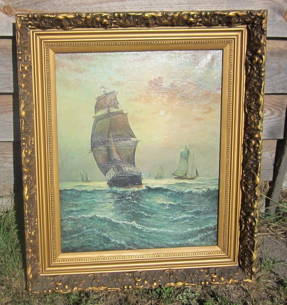 Antieke olieverf schilderij op doek: Marine, boten; 1933, Ophalen