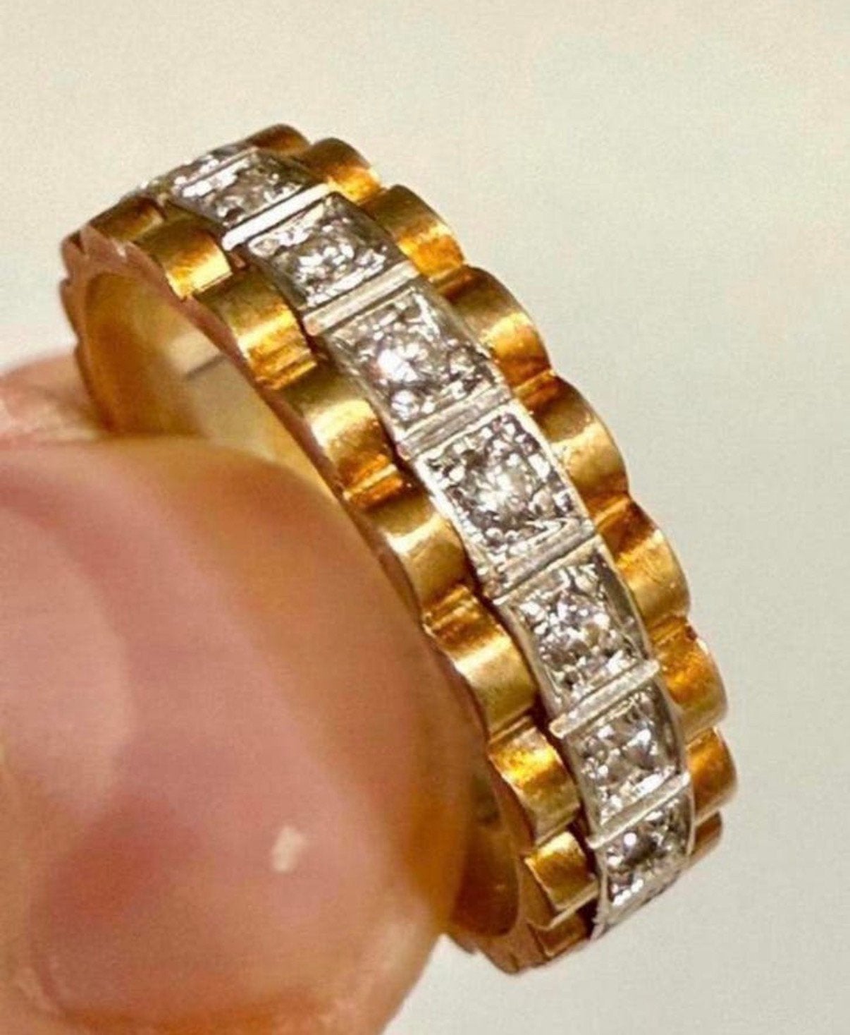 Rolex gouden schakel ring bicolor met 10 diamanten! 18.25mm, Handtassen en Accessoires, Ringen, 18 tot 19, Ophalen of Verzenden