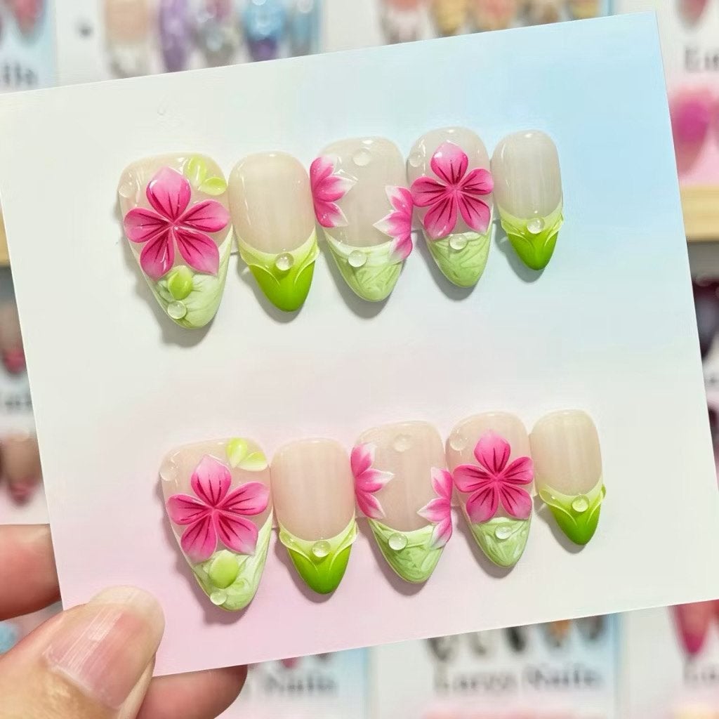 Press on nails green french tip floral, Enlèvement ou Envoi, Comme neuf