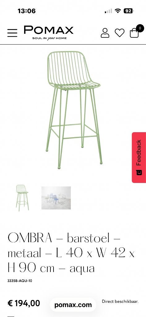 Barstoelen (6) Pomax, Ophalen, Met voetsteun, 90 cm of meer, Metaal