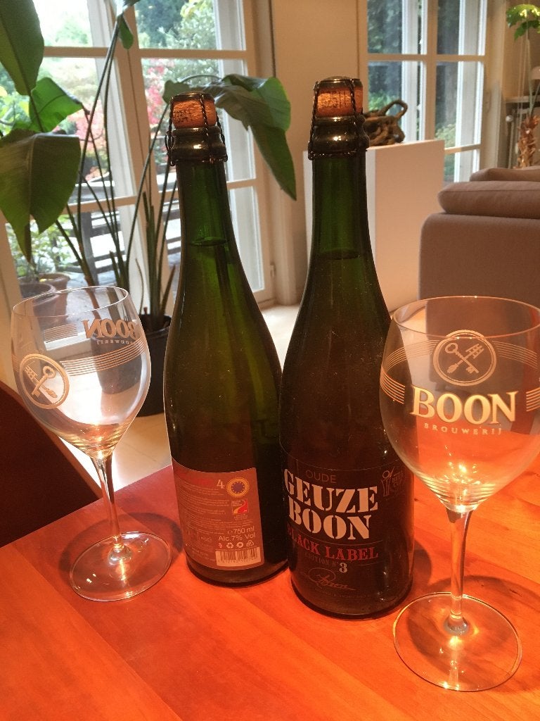 2 flessen Boon Oude Geuze Black Label Edition N3+4 + Glazen, Collections, Enlèvement