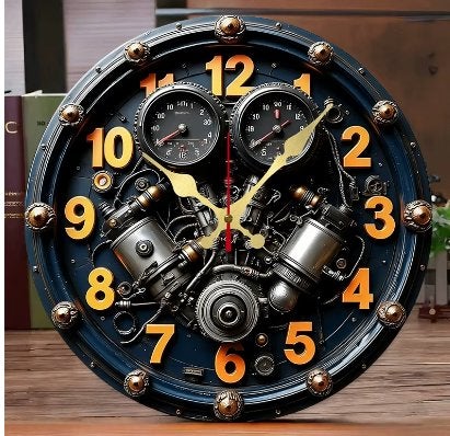 Ronde wandklok van hout Steampunk Zwart (25cm), Ophalen of Verzenden, Nieuw, Wandklok