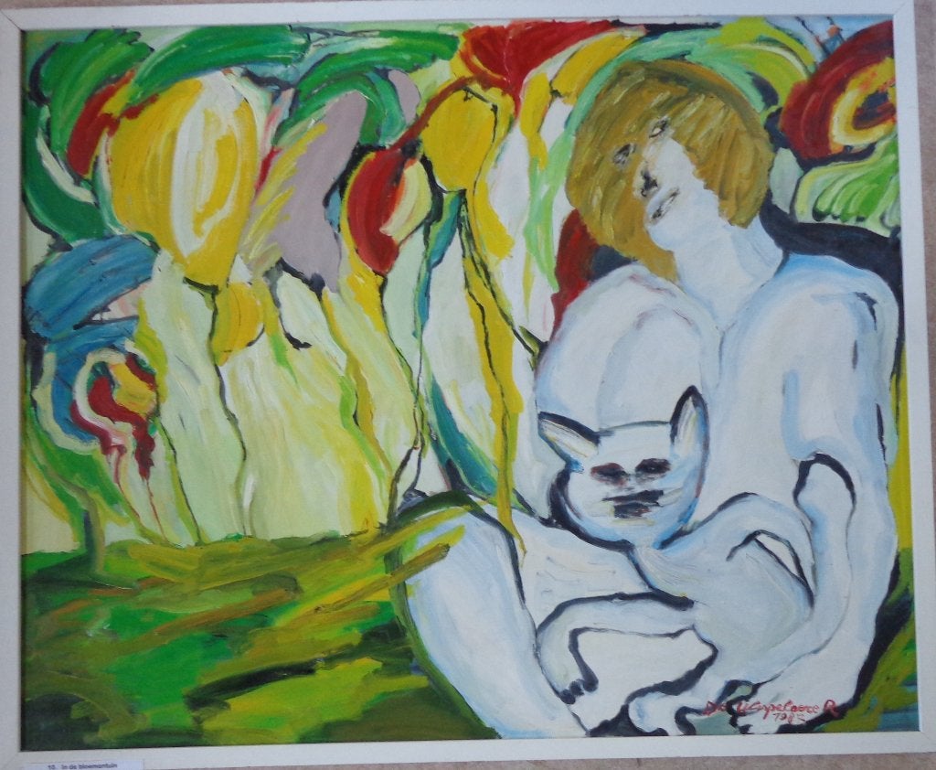 ROBERT DE WISPELAERE / BLOEMENTUIN OLIEVERF 104x126cm KADER, Ophalen, Figuren, Gesigneerd, Hout