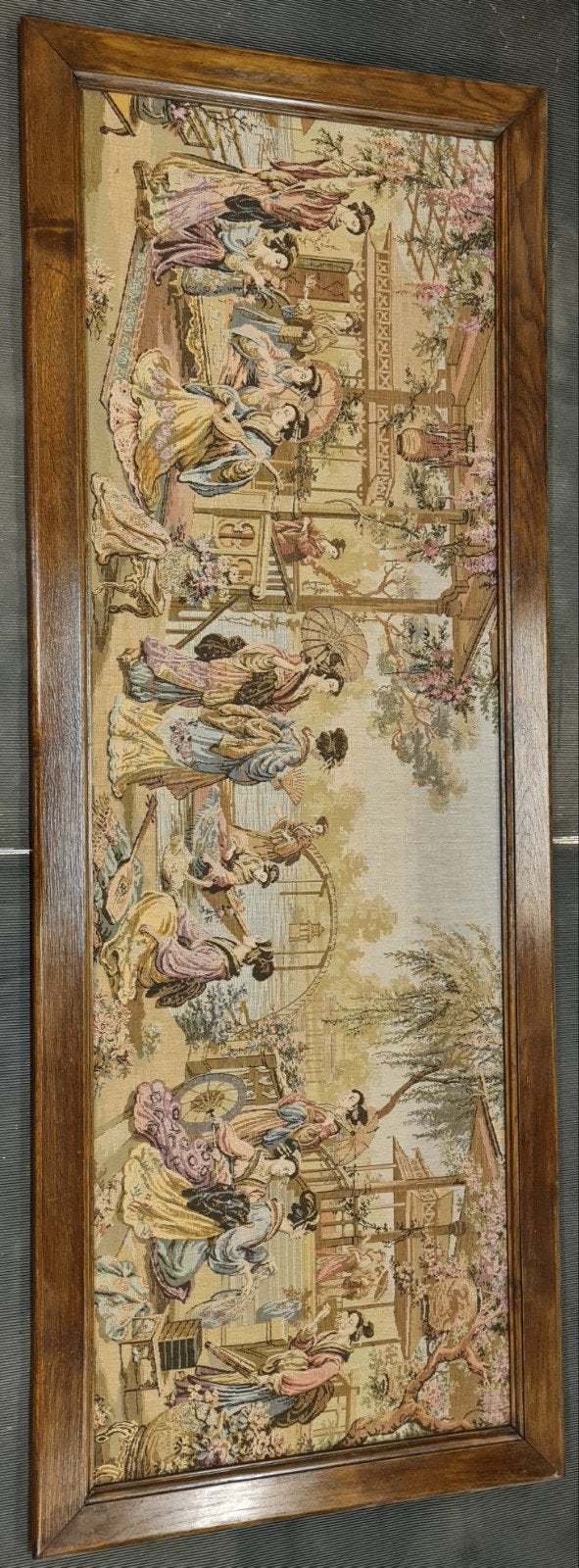 Groot vintage wandtapijt in houten lijst (160x60 cm), Ophalen