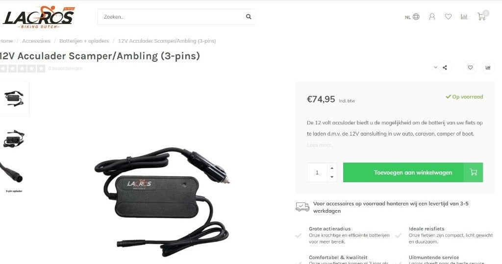 Lacros e-bikes 12V lader, Caravans en Kamperen, Ophalen of Verzenden, Nieuw