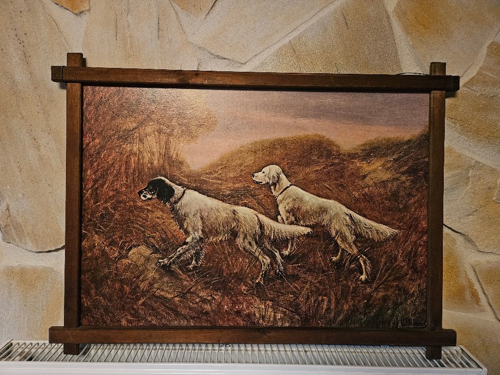75x50cm op PANEEL - Jachtschilderij 2 Setters - Jacht, Paneel, Overige technieken, Dieren, Ophalen of Verzenden