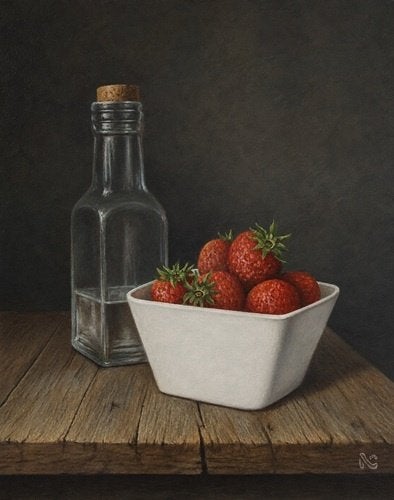 Kunsthandel Gennep - "Aardbeien Met Flesje", Antiquités & Art, Enlèvement ou Envoi, Bois, Signé, Peinture à l'huile