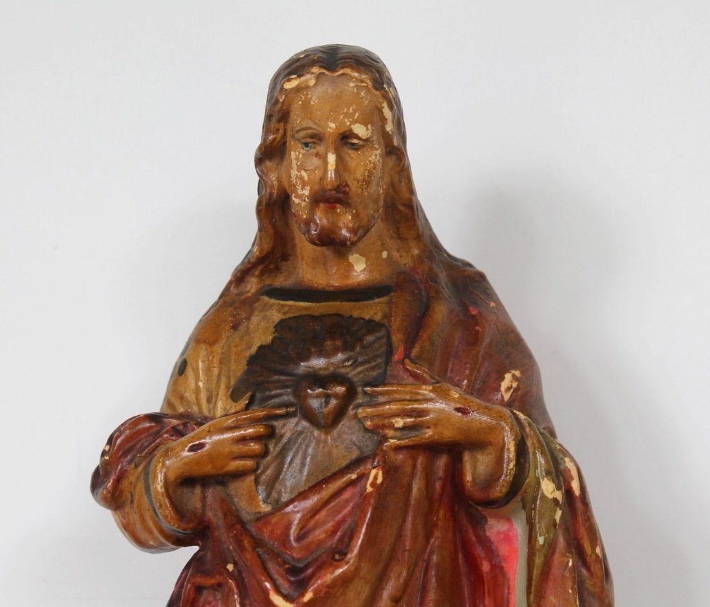 La dévotion du Christ au Sacré-Cœur. Antique, 49 cm de haut, Collections, Religion, Utilisé, Christianisme | Catholique, Image