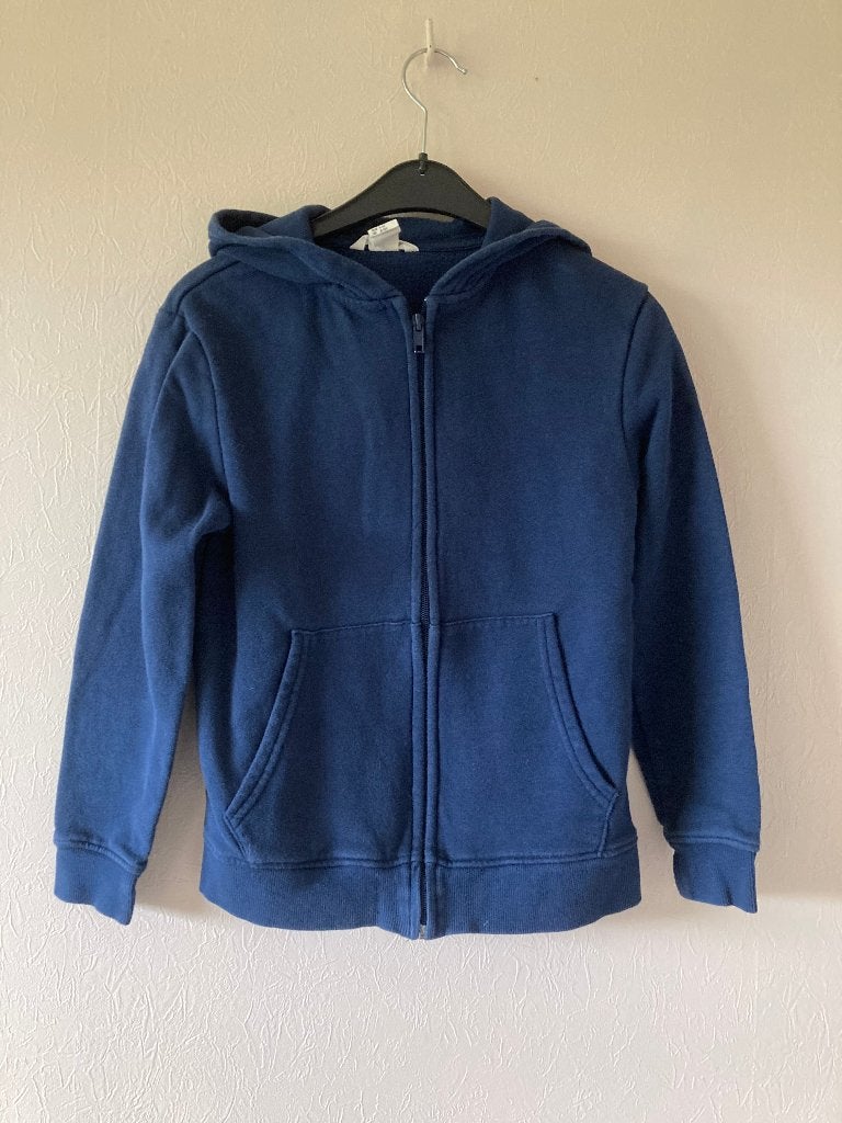 Donkerblauw vestje met muts in sweaterstof, H&M, 134-140, Kinderen en Baby's, Kinderkleding | Maat 134, Trui of Vest, H&M, Ophalen of Verzenden