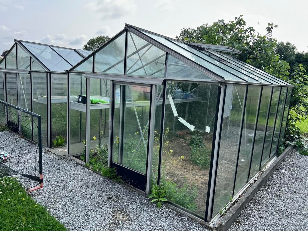 Twee serres van aluminium en glas, Tuin en Terras, Kassen, Gebruikt, Kweekkas, Aluminium, Glas, Ophalen