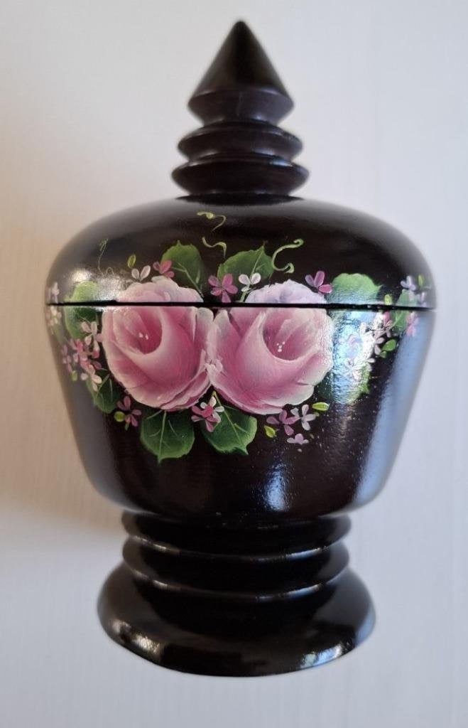 Vintage zwart houten potje met deksel met roze rozen, Antiek en Kunst, Ophalen of Verzenden