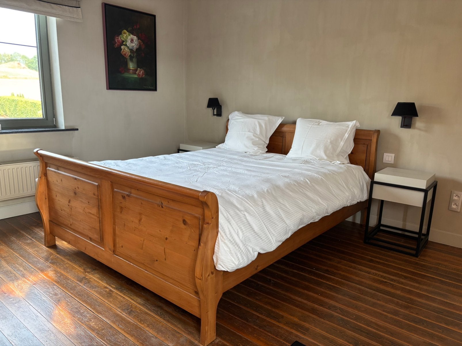 Massief bedframe, Comme neuf, Brun, Enlèvement, 200 cm