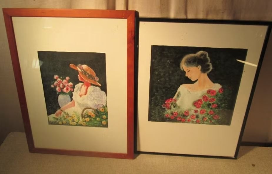 2 magnifiques aquarelles « Femmes aux fleurs » - signées, Enlèvement ou Envoi, Encadré, Aquarelle, Portrait ou Personnes