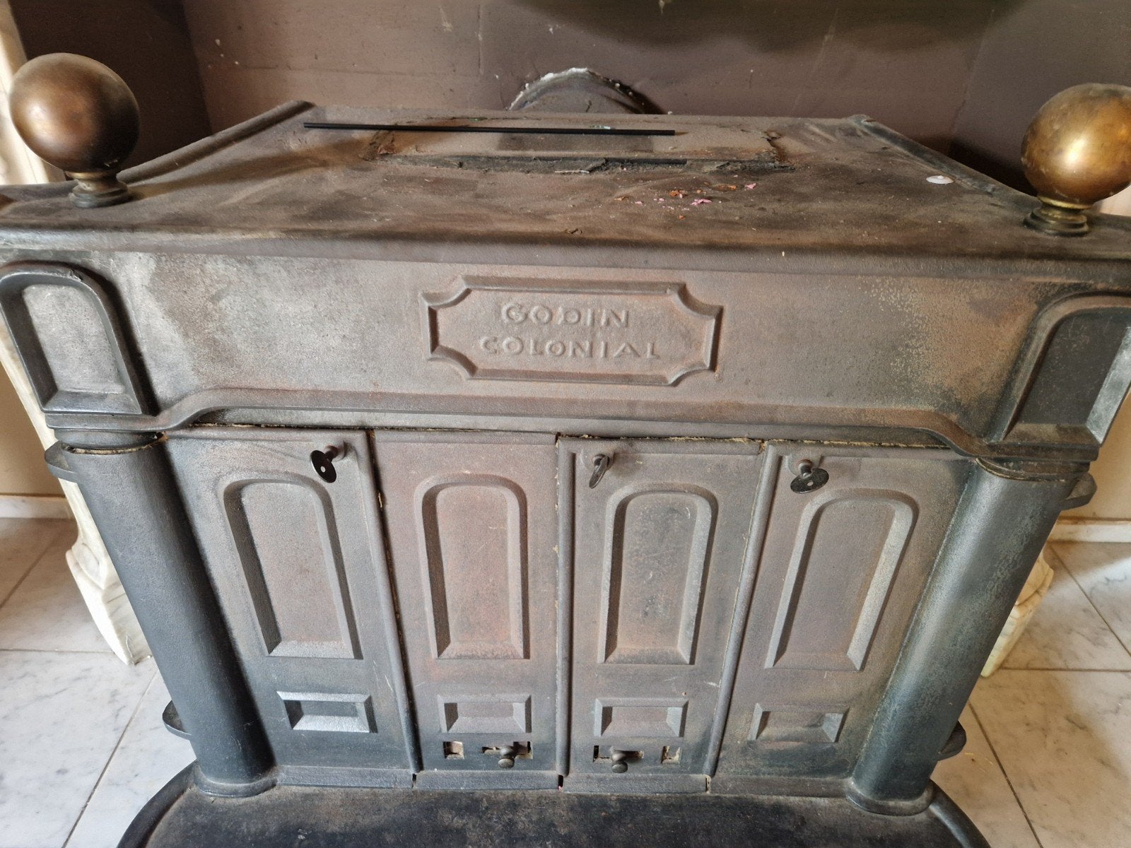 kachel godin colonial + schouw, Enlèvement, Utilisé, Cheminée sur pied, Cheminée au bois