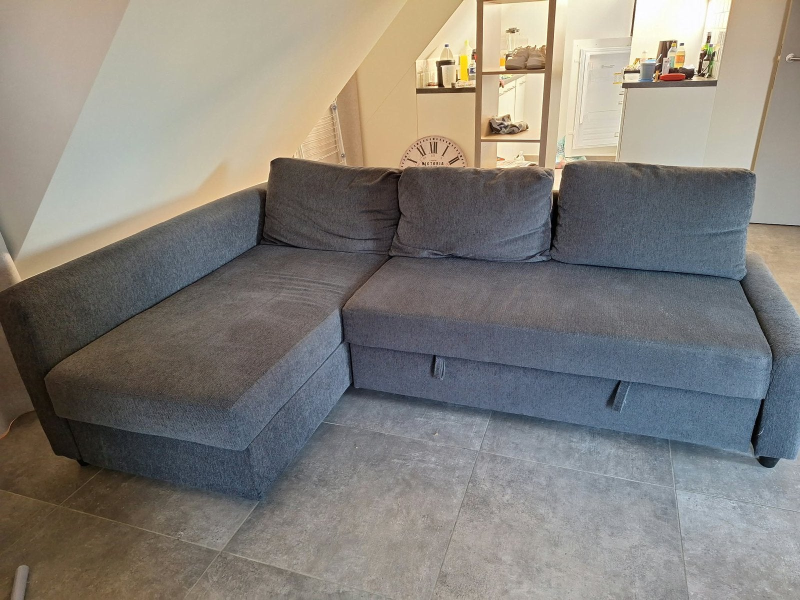 IKEA slaapbank Friheten donkergrijs, Ophalen, Zo goed als nieuw, Stof, Modern