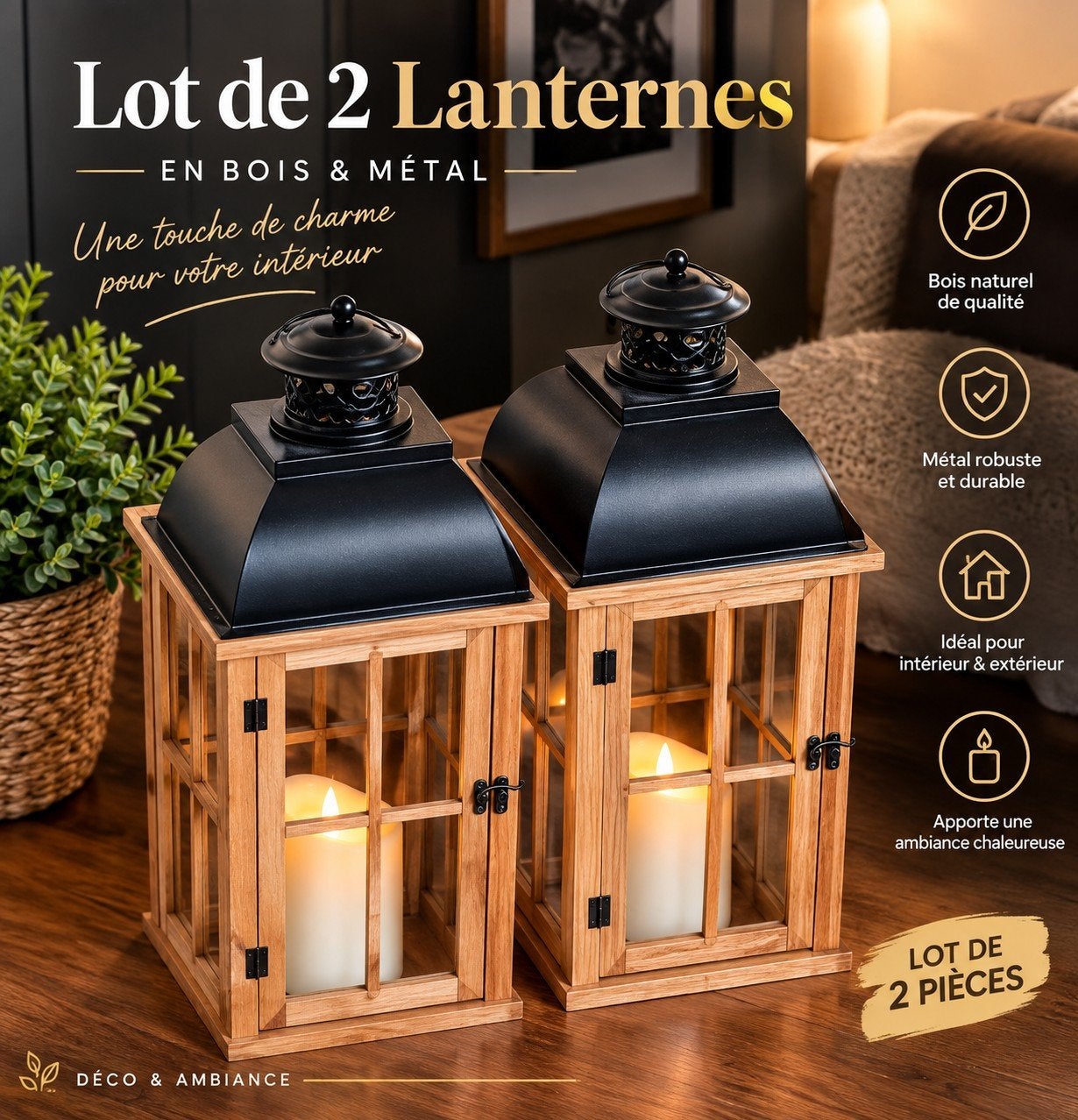 Lot de 2 grandes lanternes en bois et métal, Enlèvement, Bois, LED
